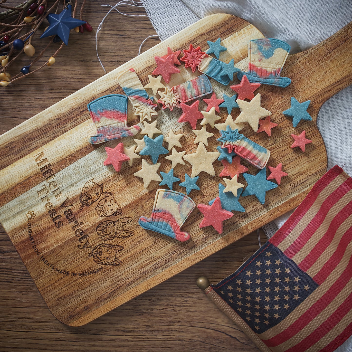 Dog Bless America- Pawtriotic Red, White and Blue Mini Treat Mix, Crunchy Peanut Butter, All Natural Food Color, 4th of July