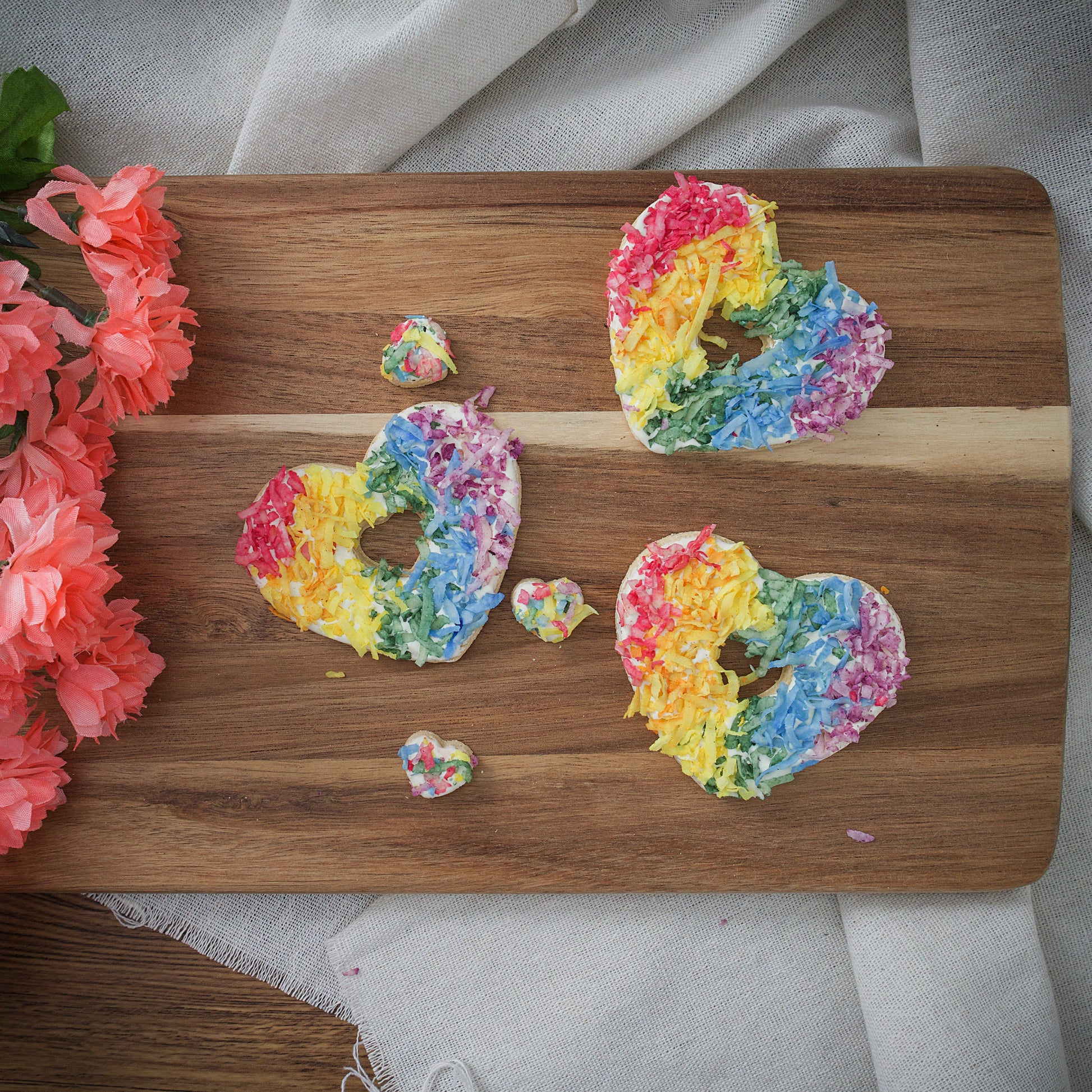 Pride Parade Donuts- 3 Coconut Rainbow Heart Donut, Crunchy Treat, Pride Month Dog Treats