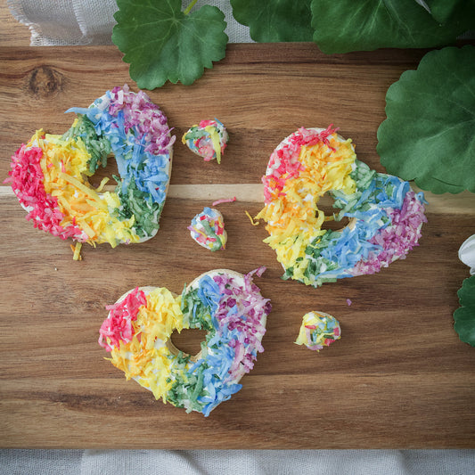 Pride Parade Donuts- 3 Coconut Rainbow Heart Donut, Crunchy Treat, Pride Month Dog Treats
