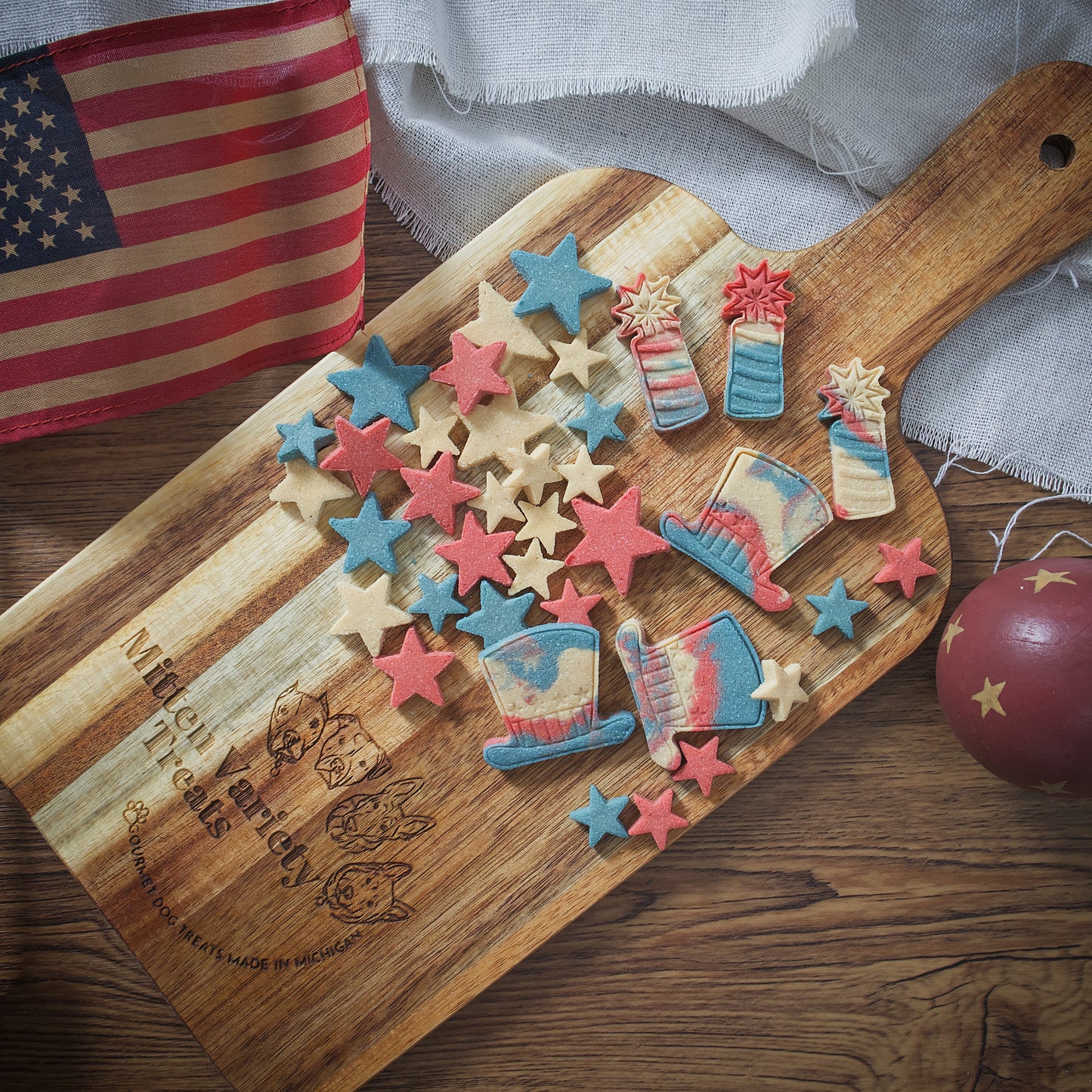 Dog Bless America- Pawtriotic Red, White and Blue Mini Treat Mix, Crunchy Peanut Butter, All Natural Food Color, 4th of July